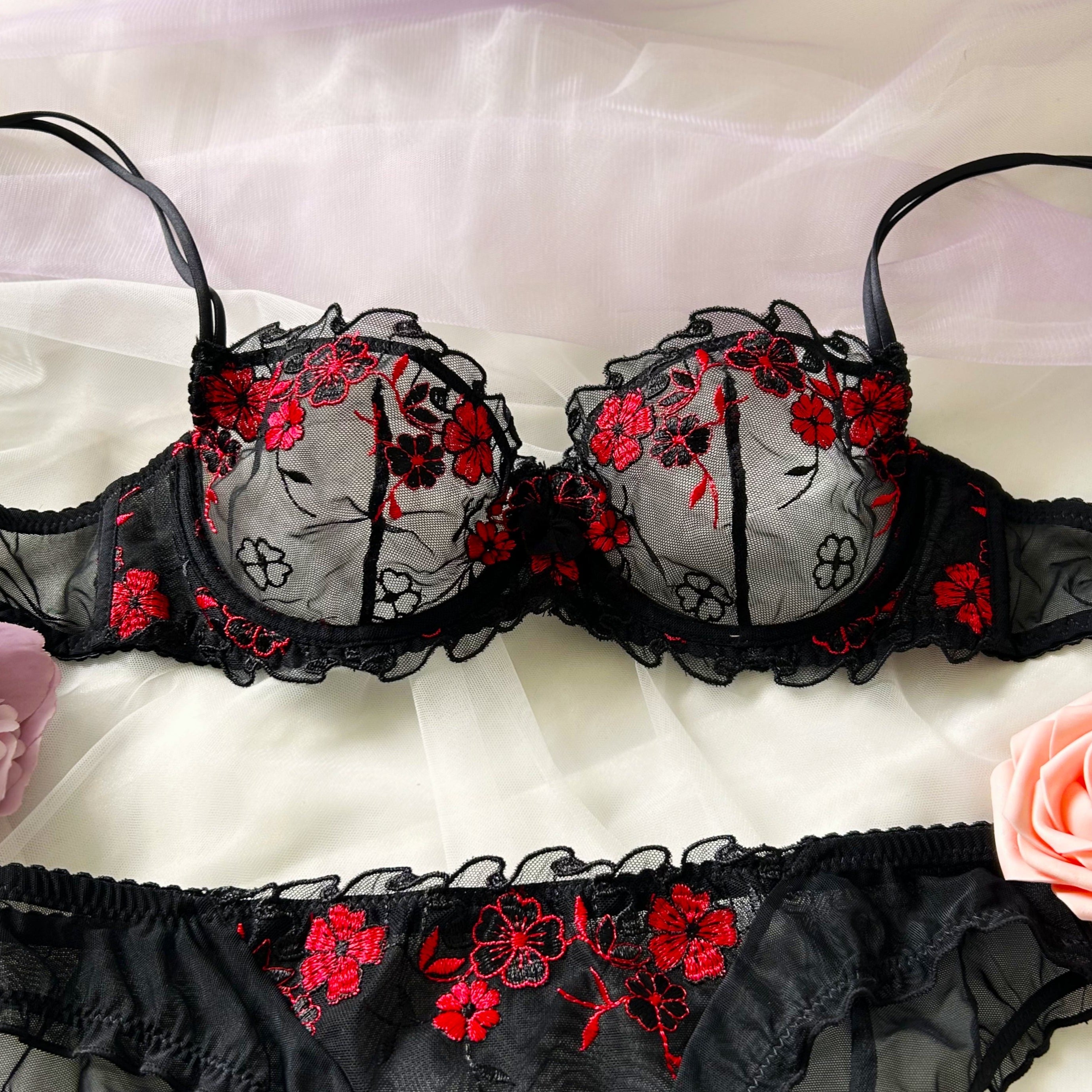 Amelia Floral Dessous-Set - Rot & Schwarz